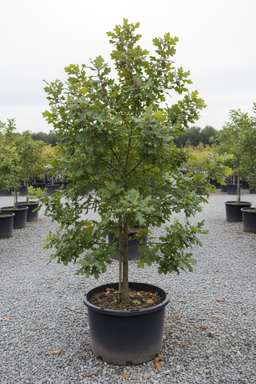 Quercus eik met gelobde bladeren en eikel in kwekerspot