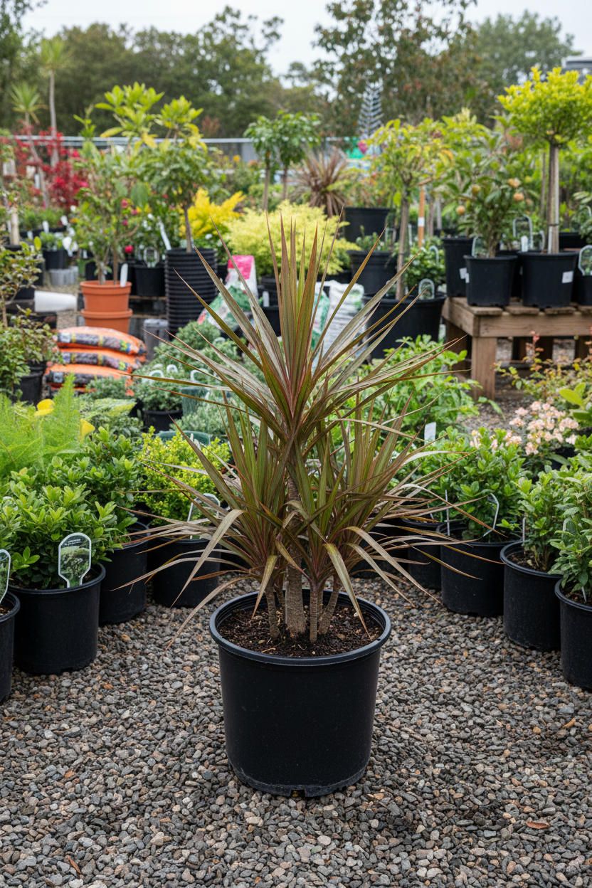 Cordyline koolpalm in zwarte kwekerspot op grintondergrond