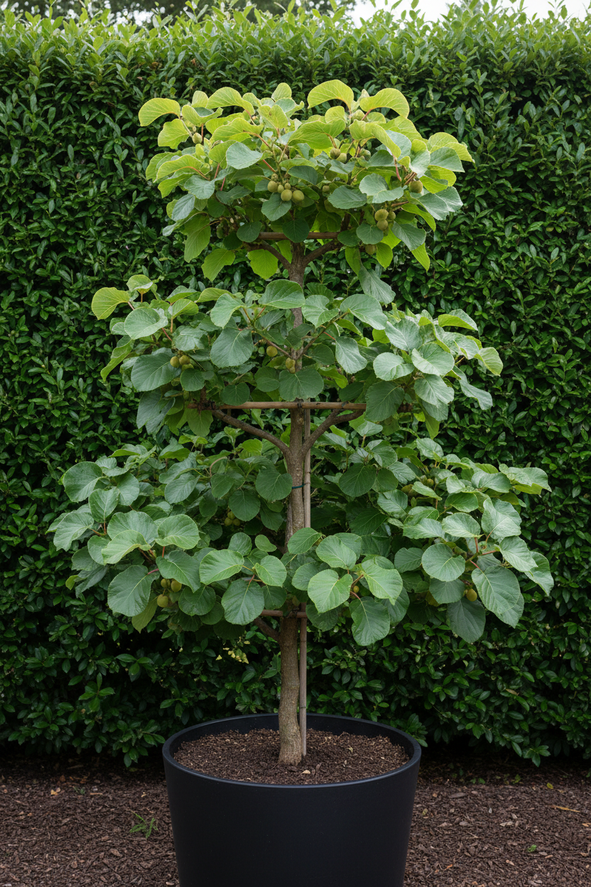 Actinidia kiwiplant als dak- en leivorm in zwarte bak
