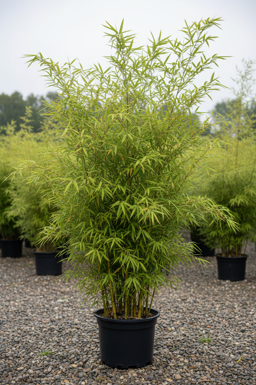 Phyllostachys bisettii bamboe in zwarte kwekerspot op grintondergrond
