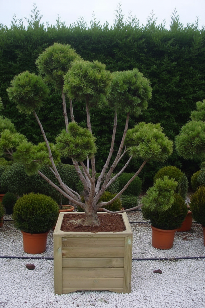 Pinus den bonsai multi-stam wolkvorm in houten bak