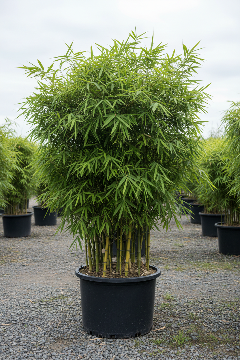 Bambusa bamboe met dichte groene halmen in kwekerspot