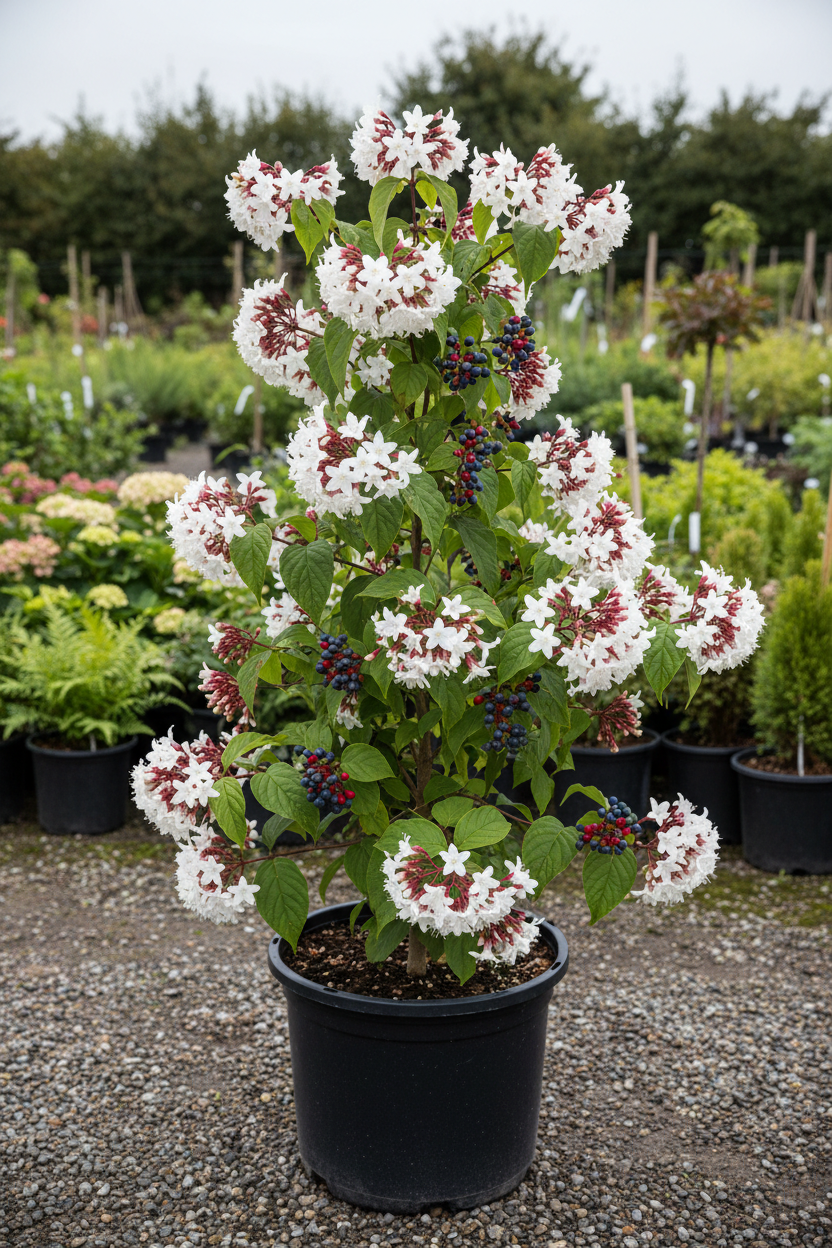 Clerodendrum harlekijnboom met witte bloemen en rode kelken in kwekerspot