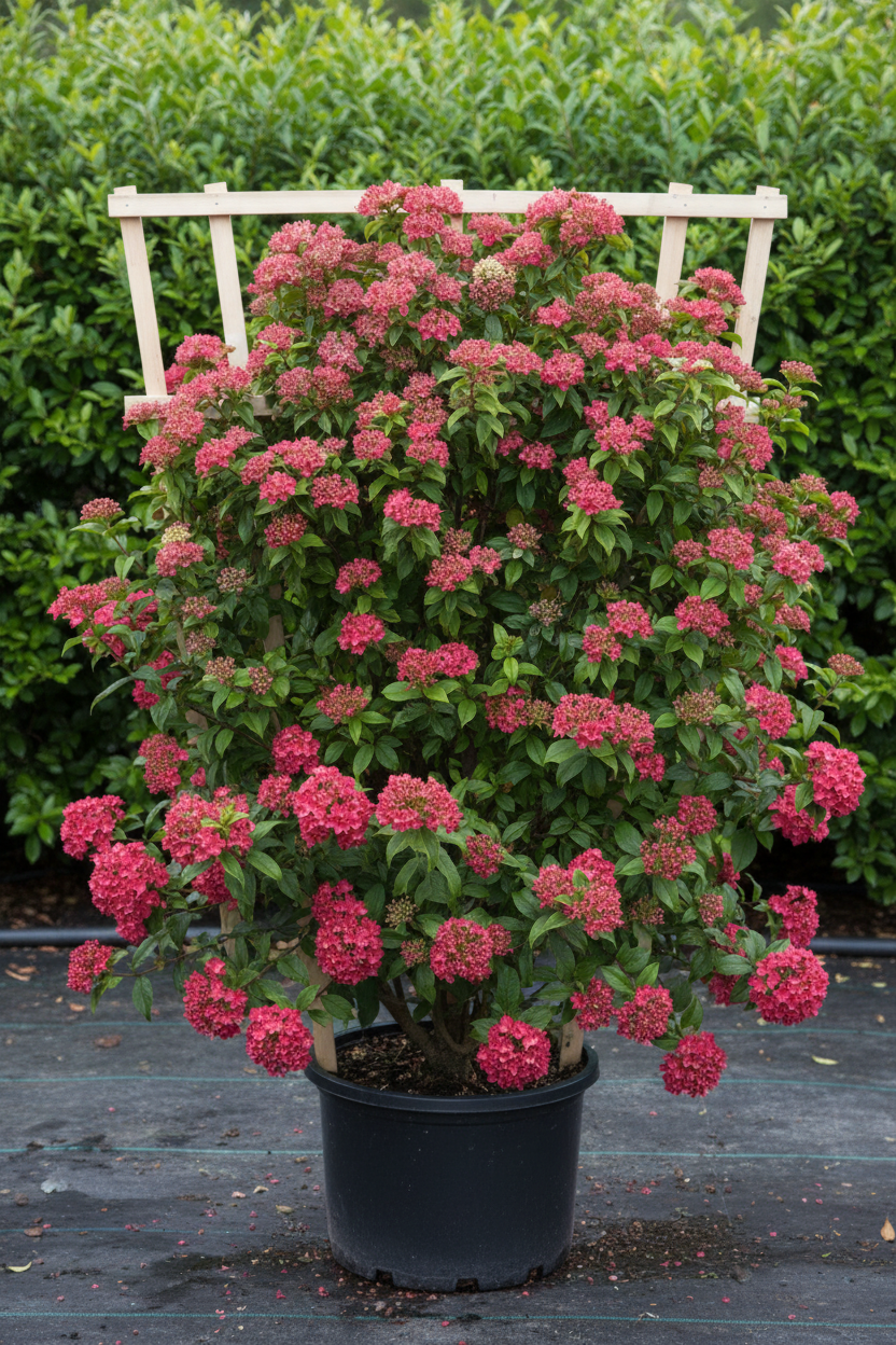 Viburnum leivorm met roze-rode bloemen op bamboeframe