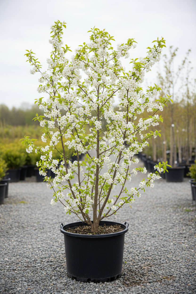Amelanchier krentenboompje met witte bloesem in kwekerspot