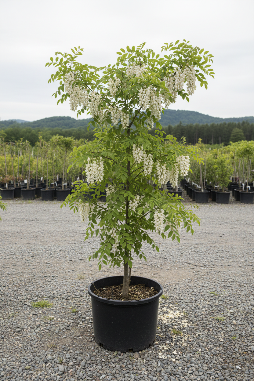 Robinia acacia met witte bloementrossen in kwekerspot