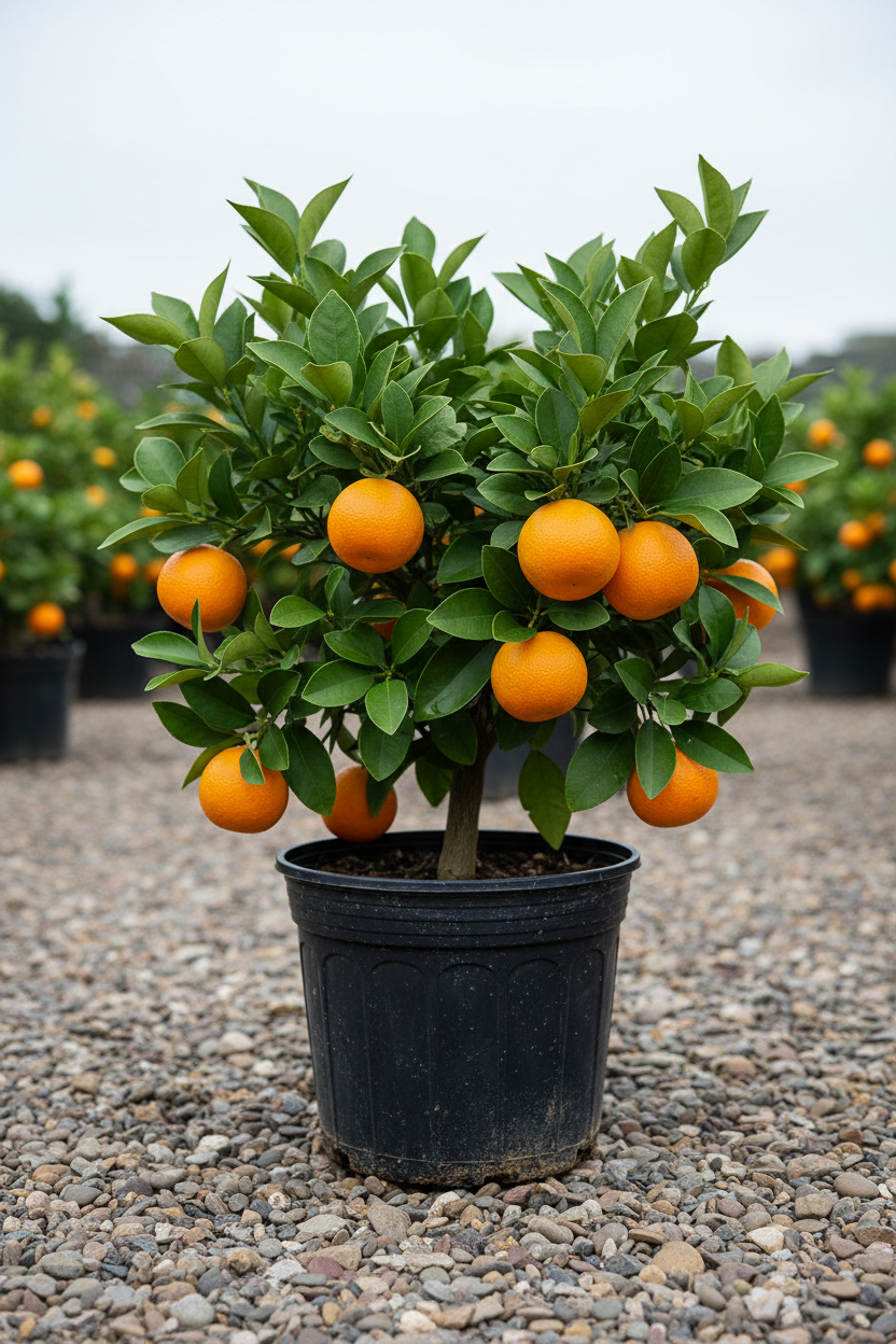 Citrusboom in zwarte kwekerspot op grintondergrond