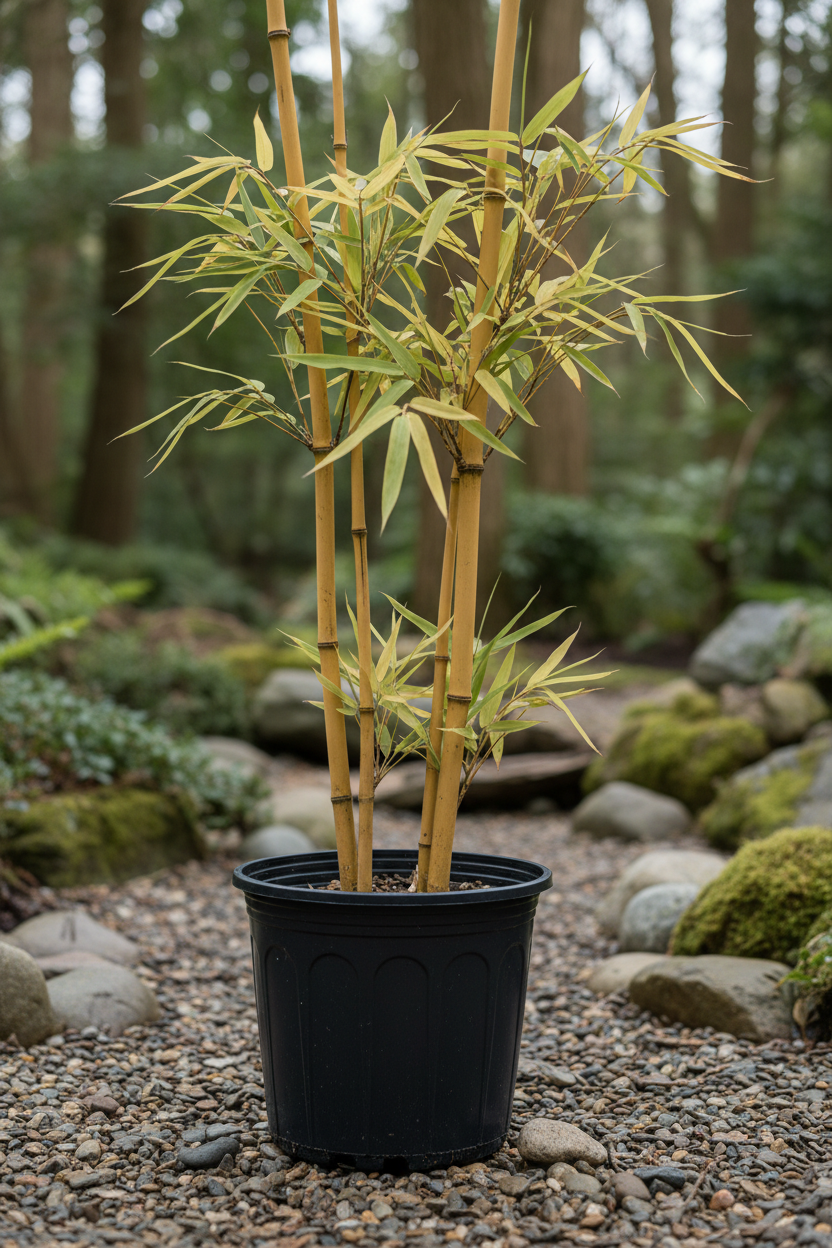 Phyllostachys aurea bamboe in zwarte kwekerspot op grintondergrond