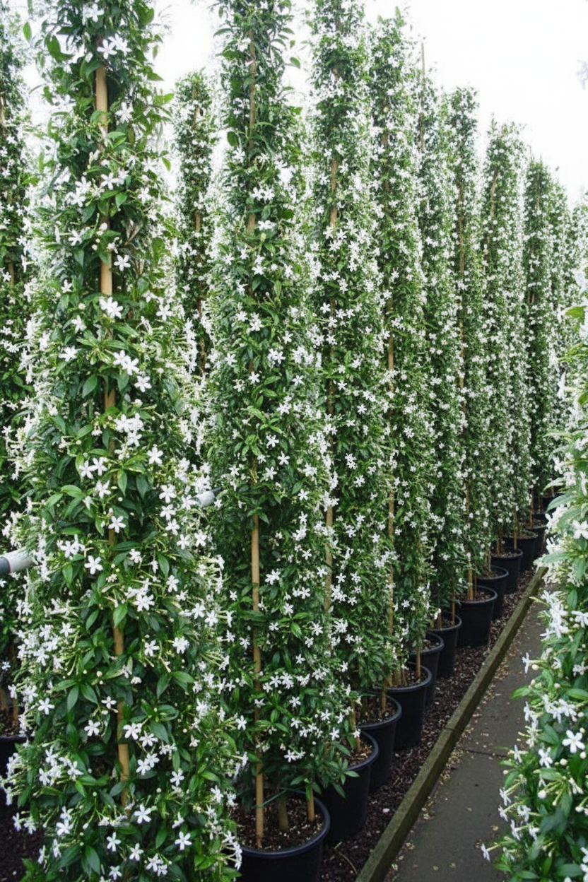 Trachelospermum sterjasmijn in volle bloei met witte bloemen in rijen
