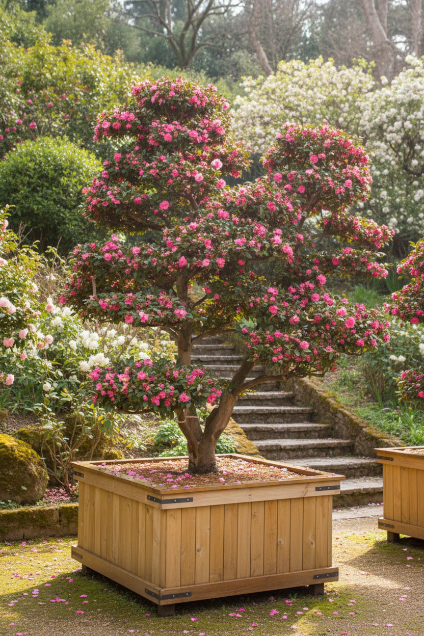 Camellia bonsai in bloei in houten bak
