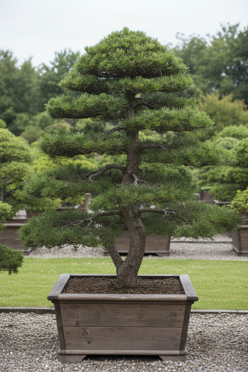 Pinus den niwaki bonsai elegant in houten bak