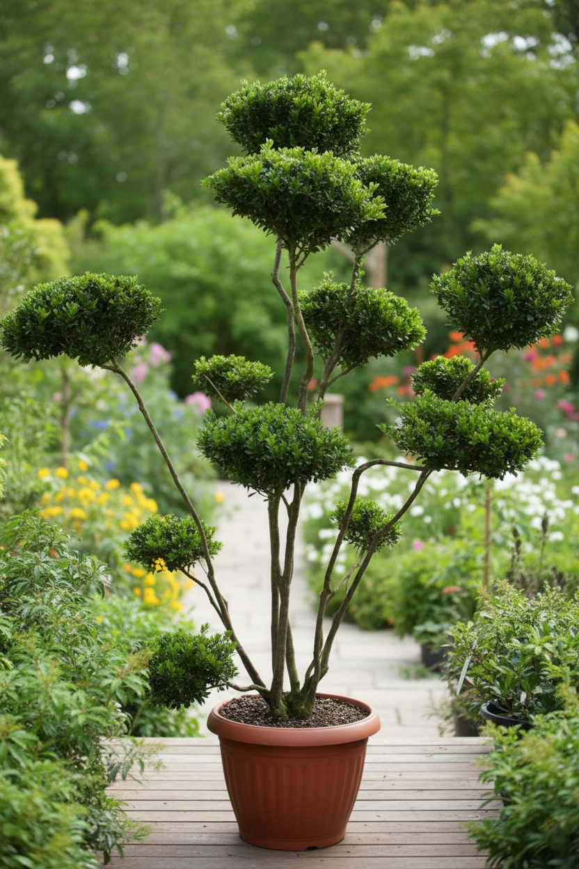 Ilex hulst bonsai slanke multi-stam in terracotta pot
